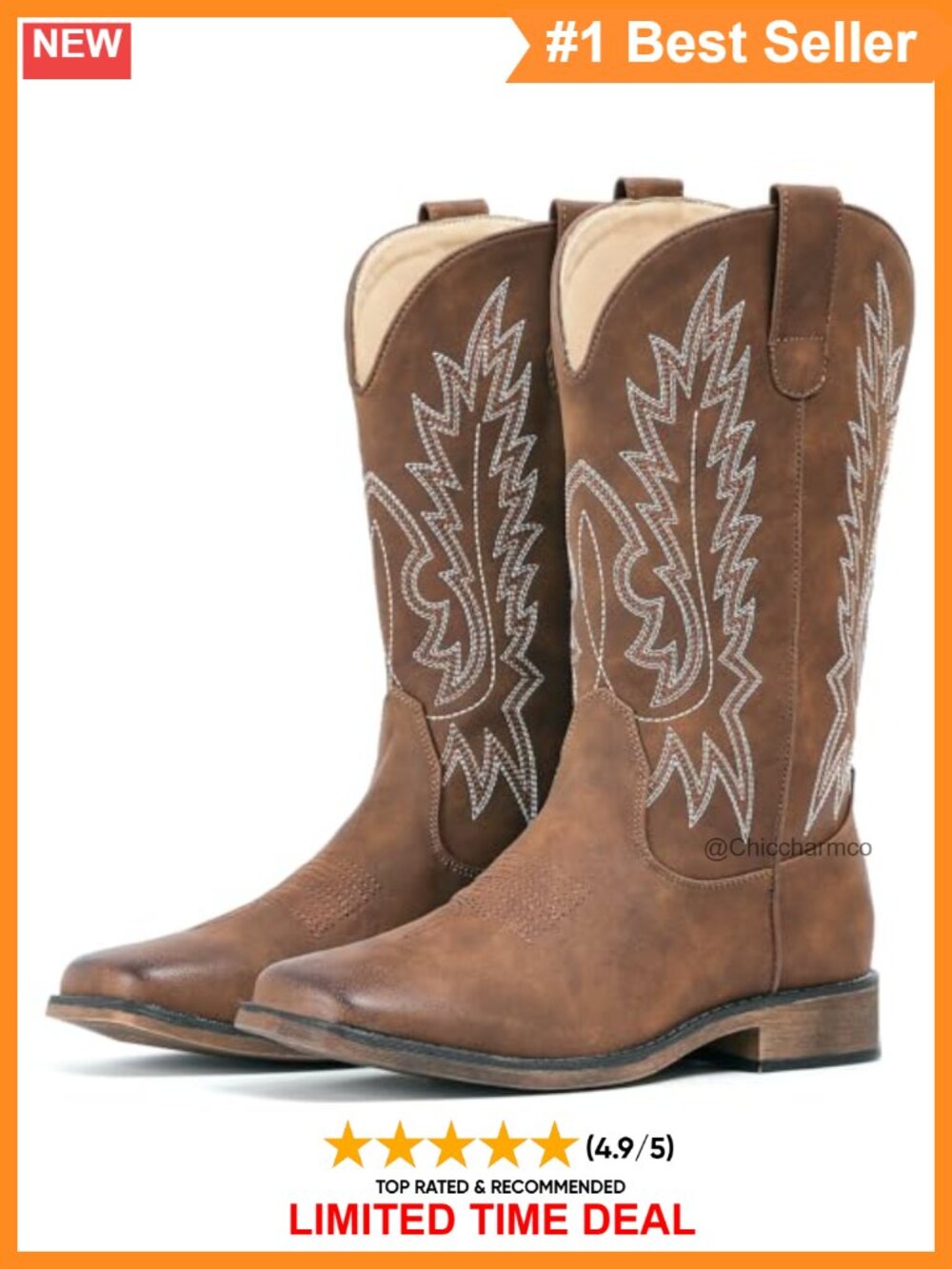 Western Mid Calf Cowboy Boots Square Toe Faux Leather Women's